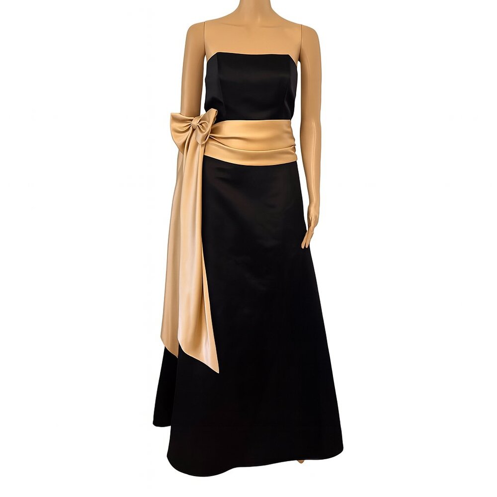 Alexia Strapless Black Gown with Gold Satin Bow Waist - Size 8
